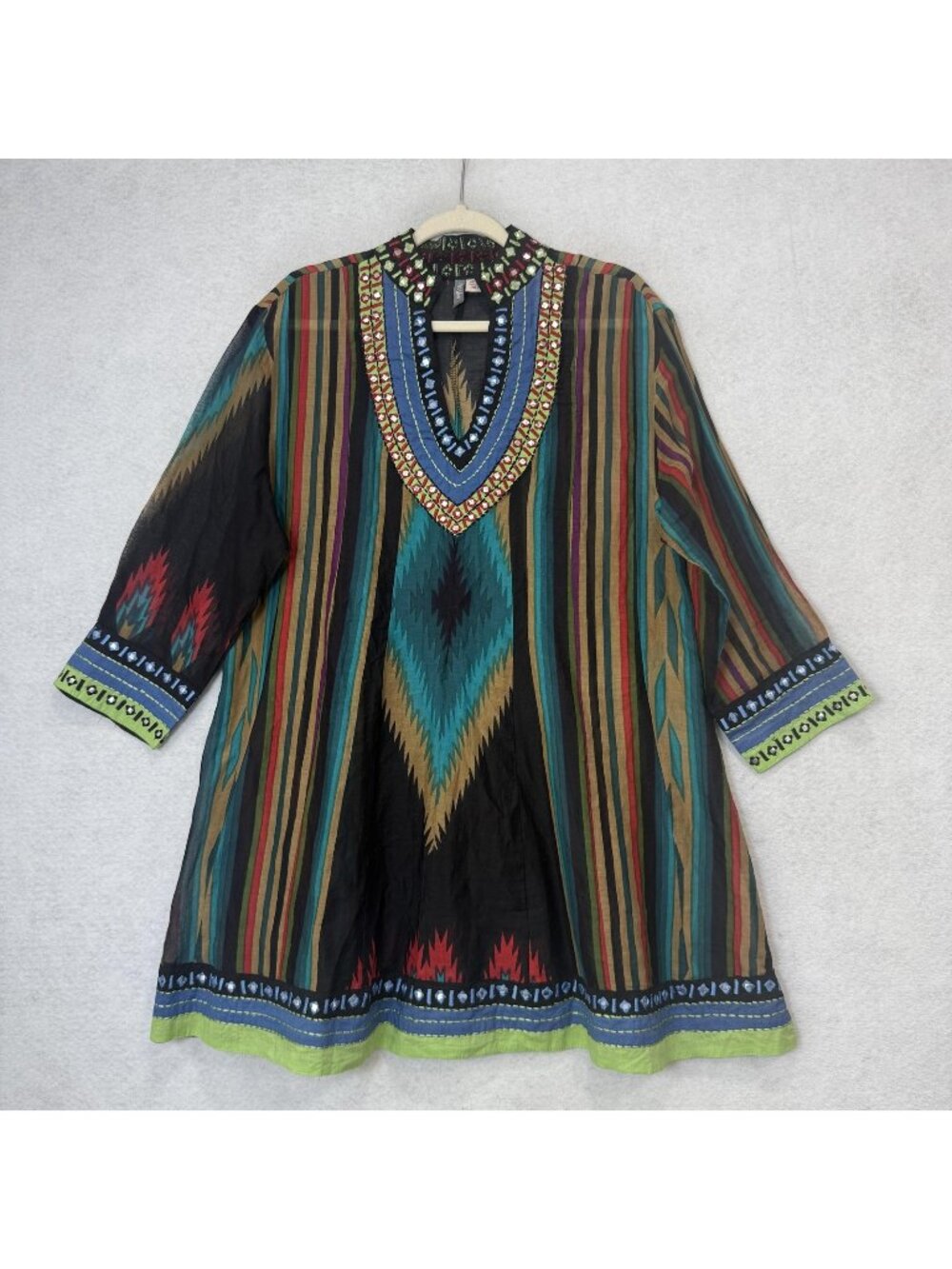 ANU Dress Womens Large Multicolor Geometric Embroidered Kaftan Tunic Boho